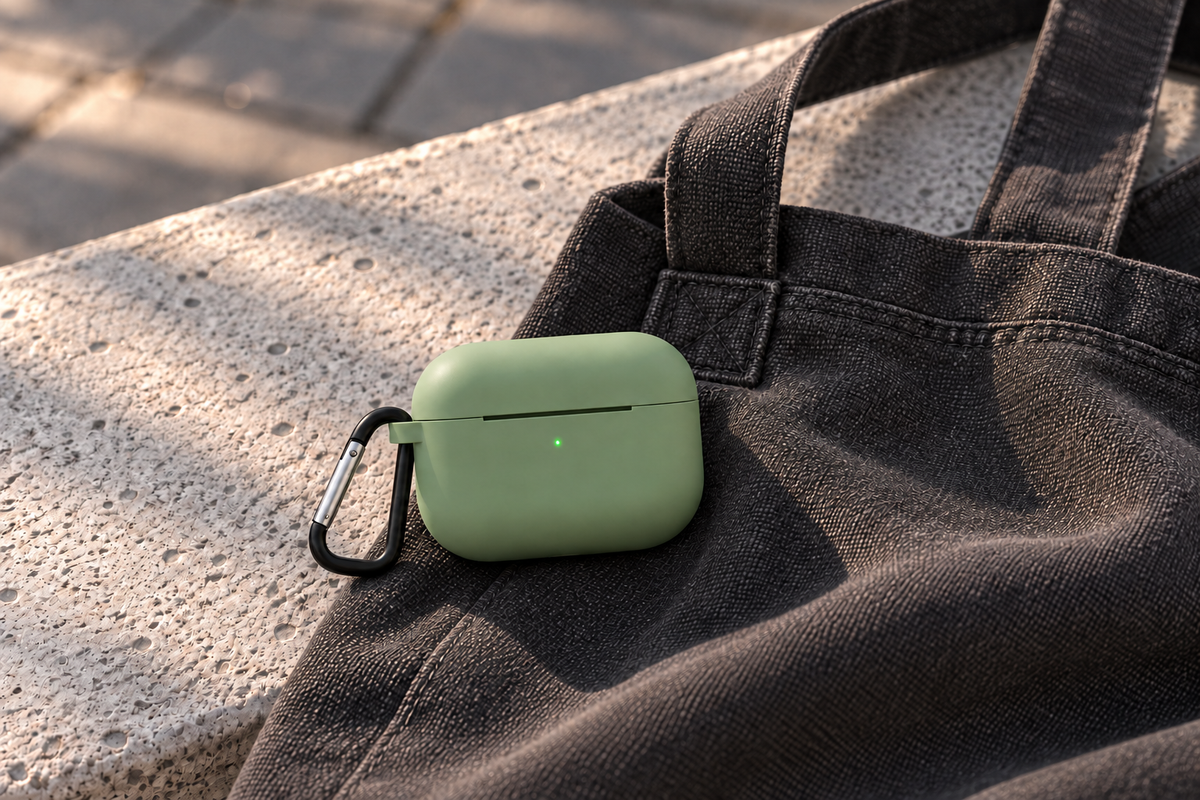 Matcha green AirPods case resting on a charcoal canvas bag