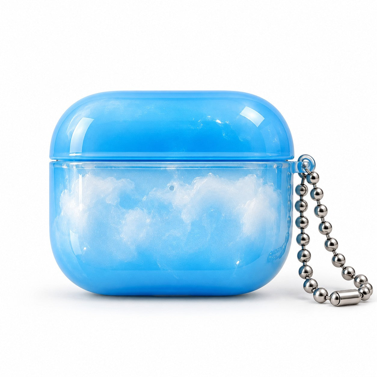 Blue Cloud AirPods case with silver ball chain